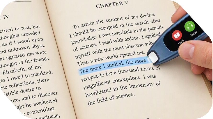 Reading Pen shown scanning a line of text, the line is shown to be highlighted in blue, to indicate it's been scanned